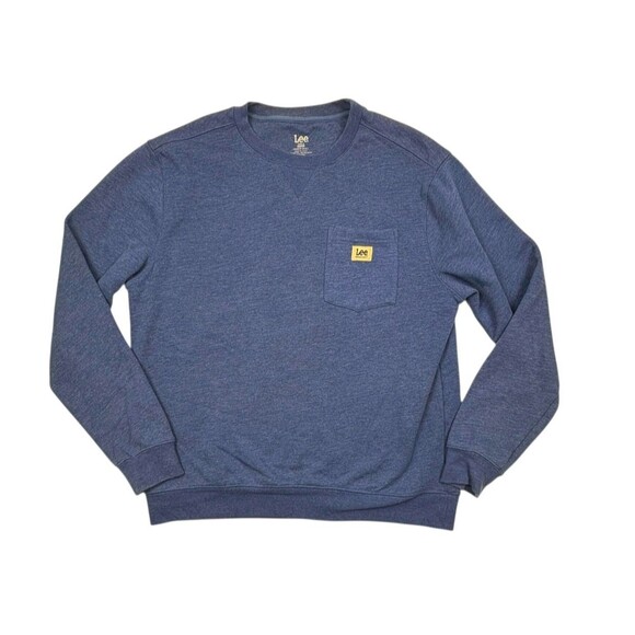 Lee Premium Select Pocket Crewneck Sweatshirt Heather Blue Fleece Logo M - Picture 1 of 9